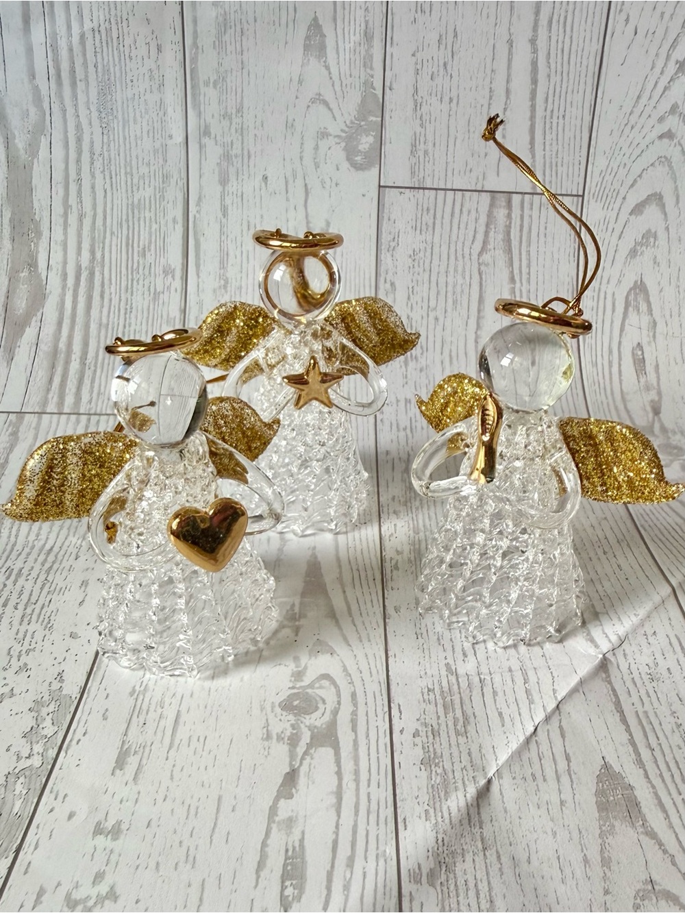 Vintage Avon Set of 3 Spun Glass Angel Ornaments with Gold Accents in Box